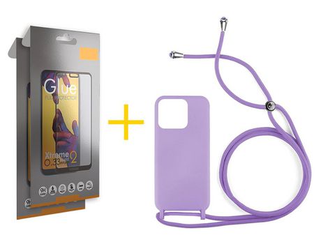Juego 2 X Película de Vidrio Templado Full + Funda skyhe por Apple iPhone 14 Pro Max Gel con Cordón Lila