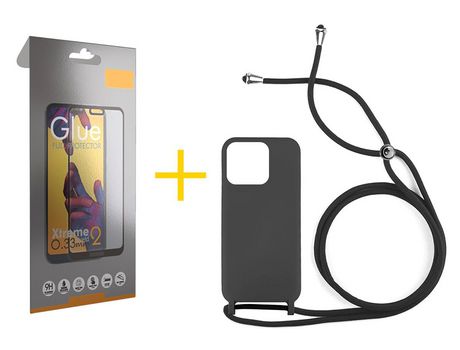 Juego 1 X Película de Vidrio Templado Full + Funda skyhe por Apple iPhone 14 Pro Gel con Cordón Negro