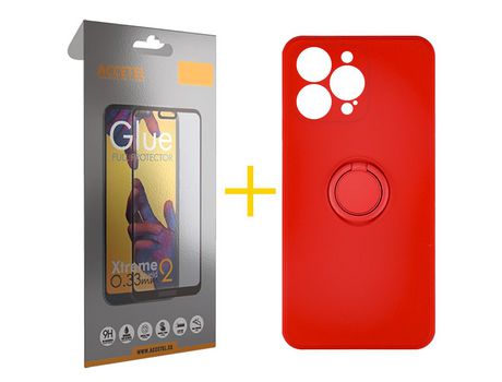 Juego 1 X Película de Vidrio Templado Full + Funda Accetel por Apple iPhone 14 Pro Gel O-Ring Rojo