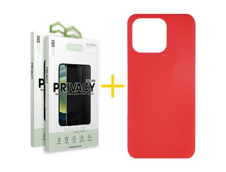 Juego 2 X Película de Vidrio Templado Antiespia + Funda Accetel por Apple iPhone 14 Pro Silicona Líquida Rojo