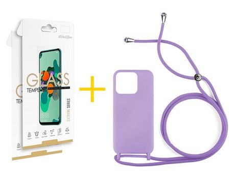 Juego 2 X Película de Vidrio Templado 2.5D + Funda skyhe por Apple iPhone 14 Pro Gel con Cordón Lila