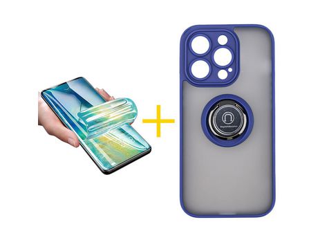 Juego 1 X Película de Vidrio Templado Hidrogel + Funda skyhe por Apple iPhone 14 Pro Gel Bumper con Anillo Azul