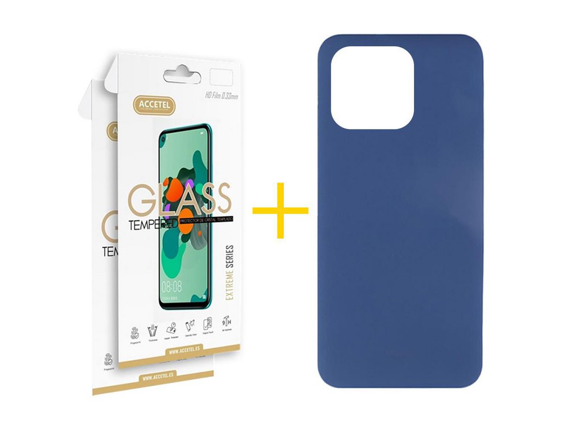 Juego 2 X Película de Vidrio Templado 2.5D + Funda Accetel por Apple iPhone 14 Pro Silicona Líquida Azul
