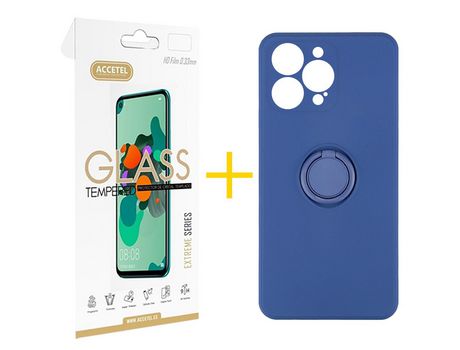Juego 1 X Película de Vidrio Templado 2.5D + Funda Accetel por Apple iPhone 14 Pro Gel O-Ring Azul