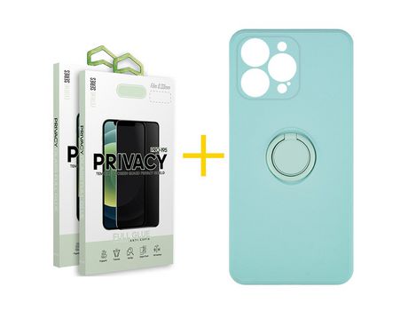 Juego 2 X Película de Vidrio Templado Antiespia + Funda skyhe por Apple iPhone 14 Pro Gel O-Ring Verde-Auga