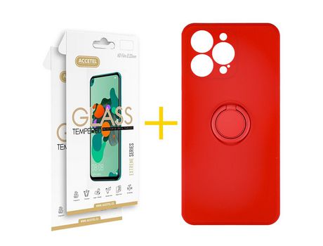 Juego 2 X Película de Vidrio Templado 2.5D + Funda Accetel por Apple iPhone 14 Pro Max Gel O-Ring Rojo
