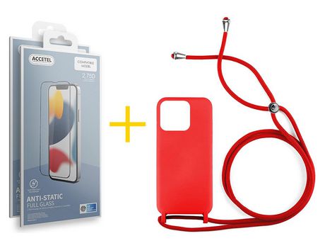 Juego 2 X Película de Vidrio Templado Antiestático + Funda Accetel por Apple iPhone 14 Pro Gel con Cordón Rojo