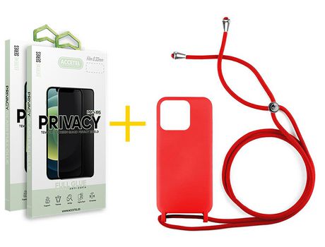 Juego 2 X Película de Vidrio Templado Antiespia + Funda Accetel por Apple iPhone 14 Pro Gel con Cordón Rojo