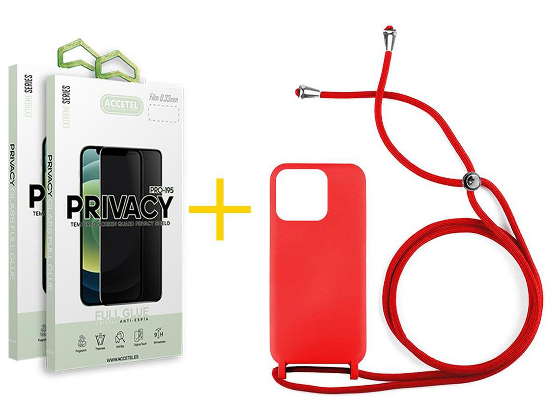 Juego 2 X Película de Vidrio Templado Antiespia + Funda Accetel por Apple iPhone 14 Pro Gel con Cordón Rojo