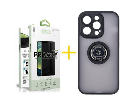 Juego 1 X Película de Vidrio Templado Antiespia + Funda Accetel por Apple iPhone 14 Pro Max Gel Bumper con Anillo Negro