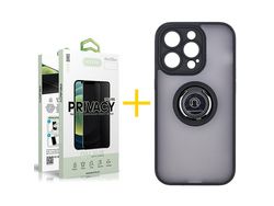 Juego 1 X Película de Vidrio Templado Antiespia + Funda Accetel por Apple iPhone 14 Pro Max Gel Bumper con Anillo Negro