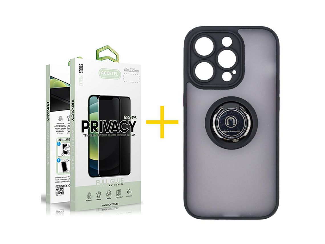 Juego 1 X Película de Vidrio Templado Antiespia + Funda Accetel por Apple iPhone 14 Pro Max Gel Bumper con Anillo Negro