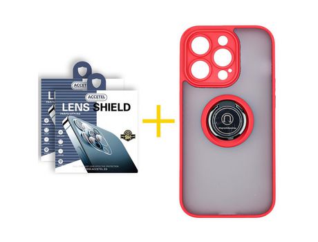 Juego 2 X Película de Cámara trasera + Funda Accetel por Apple iPhone 14 Pro Gel Bumper con Anillo Rojo
