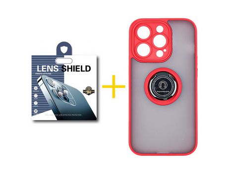 Juego 1 X Película de Cámara trasera + Funda skyhe por Apple iPhone 14 Pro Gel Bumper con Anillo Rojo