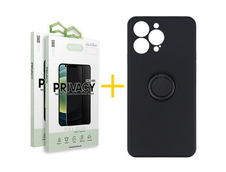 Juego 2 X Película de Vidrio Templado Antiespia + Funda Accetel por Apple iPhone 14 Pro Gel O-Ring Negro