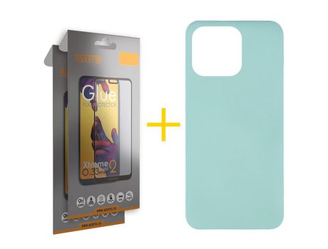 Juego 2 X Película de Vidrio Templado Full + Funda Accetel por Apple iPhone 14 Pro Silicona Líquida Verde-Água