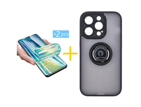 Juego 2 X Película de Vidrio Templado Hidrogel + Funda skyhe por Apple iPhone 14 Pro Gel Bumper con Anillo Negro