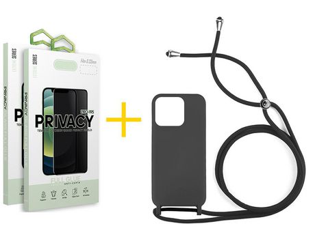 Juego 2 X Película de Vidrio Templado Antiespia + Funda skyhe por Apple iPhone 14 Pro Gel con Cordón Negro