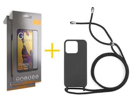 Juego 2 X Película de Vidrio Templado Full + Funda skyhe por Apple iPhone 14 Pro Gel con Cordón Negro
