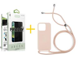 Juego 1 X Película de Vidrio Templado Antiespia + Funda Accetel por Apple iPhone 14 Pro Gel con Cordón Rosa Pastel