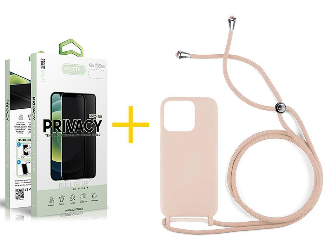 Juego 1 X Película de Vidrio Templado Antiespia + Funda Accetel por Apple iPhone 14 Pro Gel con Cordón Rosa Pastel
