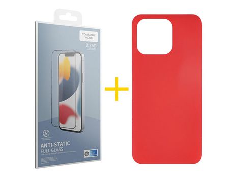 Juego 1 X Película de Vidrio Templado Antiestático + Funda skyhe por Apple iPhone 14 Pro Silicona Líquida Rojo