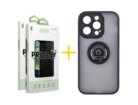 Juego 2 X Película de Vidrio Templado Antiespia + Funda skyhe por Apple iPhone 14 Pro Max Gel Bumper con Anillo Negro