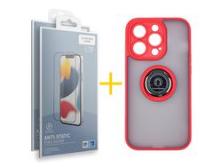 Juego 2 X Película de Vidrio Templado Antiestático + Funda skyhe por Apple iPhone 14 Pro Max Gel Bumper con Anillo Rojo