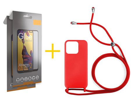 Juego 2 X Película de Vidrio Templado Full + Funda skyhe por Apple iPhone 14 Pro Gel con Cordón Rojo
