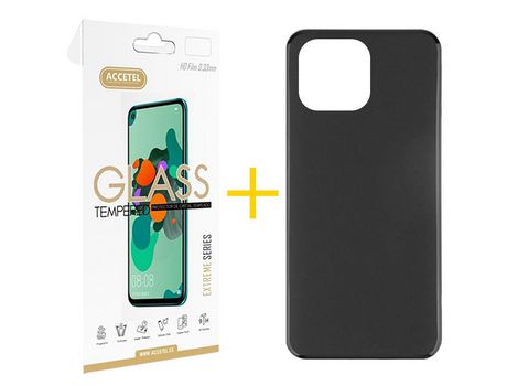 Juego 1 X Película de Vidrio Templado 2.5D + Funda Accetel por Apple iPhone 14 Pro Silicona Liso Negro