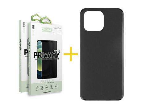 Juego 2 X Película de Vidrio Templado Antiespia + Funda Accetel por Apple iPhone 14 Pro Silicona Liso Negro