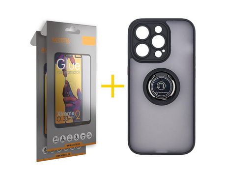 Juego 2 X Película de Vidrio Templado Full + Funda Accetel por Apple iPhone 14 Pro Max Gel Bumper con Anillo Negro