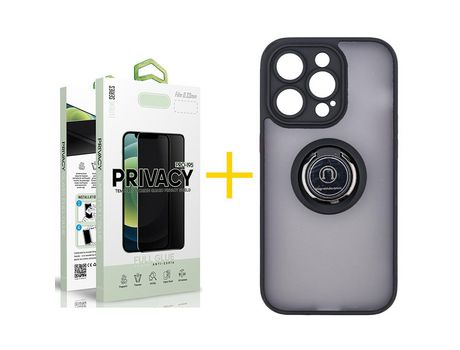 Juego 1 X Película de Vidrio Templado Antiespia + Funda skyhe por Apple iPhone 14 Pro Max Gel Bumper con Anillo Negro