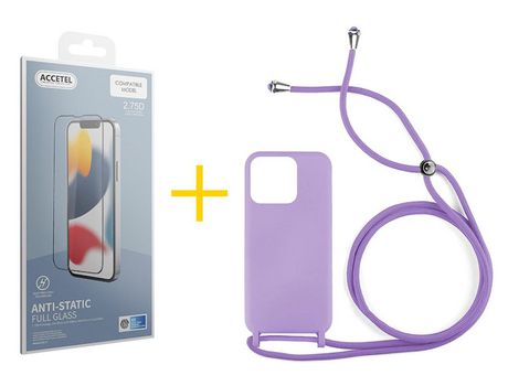 Juego 1 X Película de Vidrio Templado Antiestático + Funda Accetel por Apple iPhone 14 Pro Gel con Cordón Lila