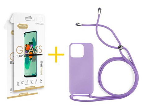 Juego 2 X Película de Vidrio Templado 2.5D + Funda Accetel por Apple iPhone 14 Pro Gel con Cordón Lila