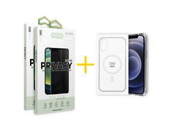Juego 2 X Película de Vidrio Templado Antiespia + Funda Accetel por Apple iPhone 14 Pro Max Compatible con Magsafe Magnético Incoloro Clear
