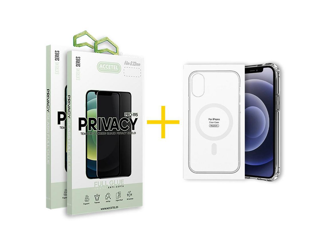 Juego 2 X Película de Vidrio Templado Antiespia + Funda Accetel por Apple iPhone 14 Pro Max Compatible con Magsafe Magnético Incoloro Clear