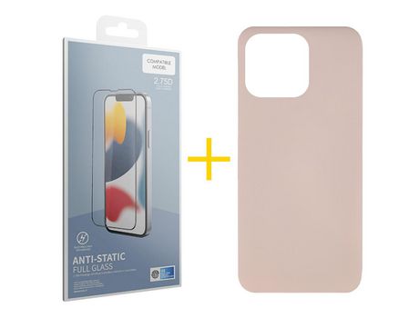 Juego 1 X Película de Vidrio Templado Antiestático + Funda skyhe por Apple iPhone 14 Pro Max Silicona Líquida Rosa