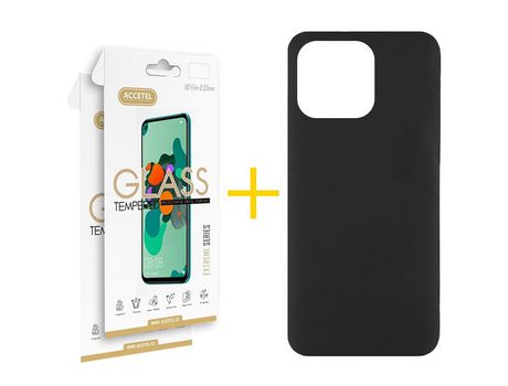 Juego 2 X Película de Vidrio Templado 2.5D + Funda Accetel por Apple iPhone 14 Pro Silicona Líquida Negro