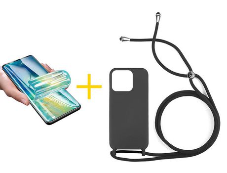 Juego 1 X Película de Vidrio Templado Hidrogel + Funda skyhe por Apple iPhone 14 Pro Gel con Cordón Negro