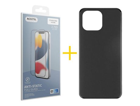 Juego 1 X Película de Vidrio Templado Antiestático + Funda Accetel por Apple iPhone 14 Pro Silicona Líquida Negro