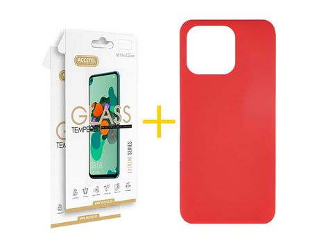 Juego 2 X Película de Vidrio Templado 2.5D + Funda Accetel por Apple iPhone 14 Pro Max Silicona Líquida Rojo