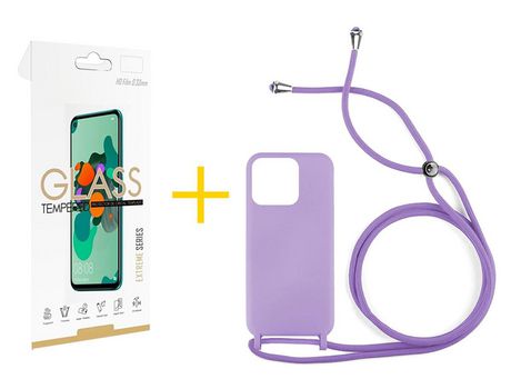 Juego 1 X Película de Vidrio Templado 2.5D + Funda skyhe por Apple iPhone 14 Pro Gel con Cordón Lila