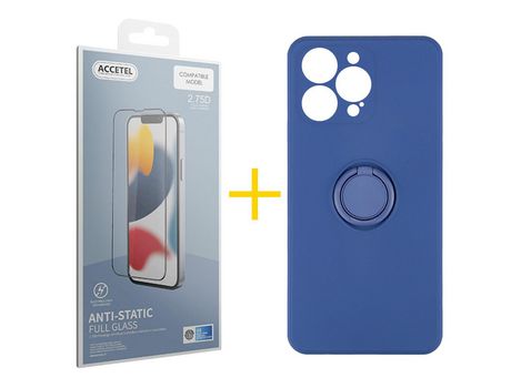 Juego 1 X Película de Vidrio Templado Antiestático + Funda Accetel por Apple iPhone 14 Pro Gel O-Ring Azul