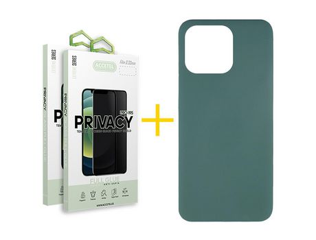 Juego 2 X Película de Vidrio Templado Antiespia + Funda Accetel por Apple iPhone 14 Pro Max Silicona Líquida Verde