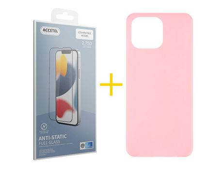 Juego 1 X Película de Vidrio Templado Antiestático + Funda Accetel por Apple iPhone 14 Pro Silicona Liso Rosa