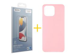 Juego 1 X Película de Vidrio Templado Antiestático + Funda Accetel por Apple iPhone 14 Pro Silicona Liso Rosa