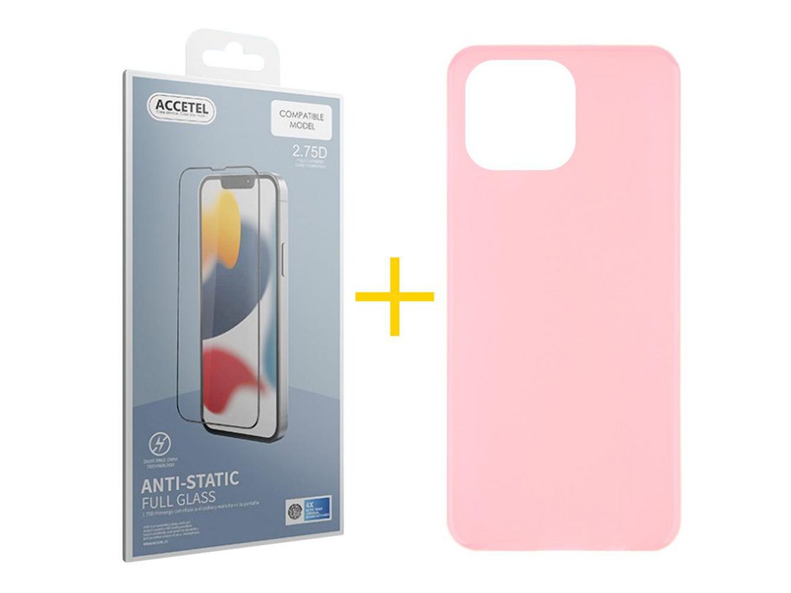 Juego 1 X Película de Vidrio Templado Antiestático + Funda Accetel por Apple iPhone 14 Pro Silicona Liso Rosa