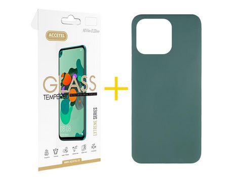 Juego 1 X Película de Vidrio Templado 2.5D + Funda Accetel por Apple iPhone 14 Pro Silicona Líquida Verde