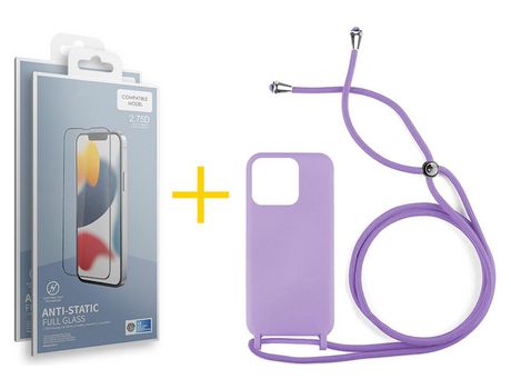 Juego 2 X Película de Vidrio Templado Antiestático + Funda skyhe por Apple iPhone 14 Pro Gel con Cordón Lila
